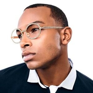 Rhinestone Round Glasses Gold Frame Clear Lens Fashion Eyewear Men Hip Hop Trend